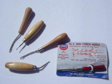 catalog photo of lot old steel punch needles and latch hook rug hooking rug making tools