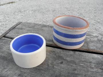 catalog photo of lot old stoneware butter tub crocks, vintage blue band pottery