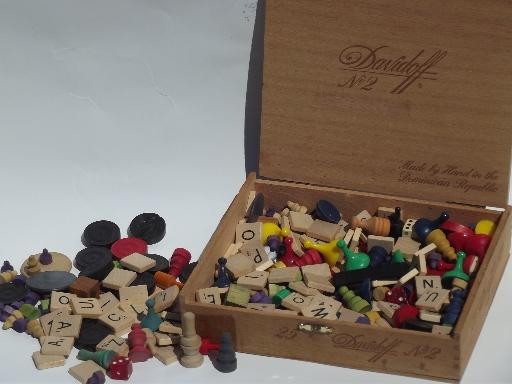 photo of lot old vintage game parts and pieces, wood checkers, scrabble tiles etc #1