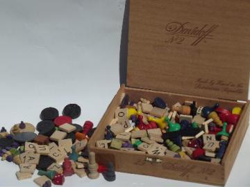 catalog photo of lot old vintage game parts and pieces, wood checkers, scrabble tiles etc