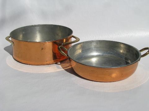 photo of lot old vintage solid copper / brass kitchen pots & pans, Dansk etc. #2