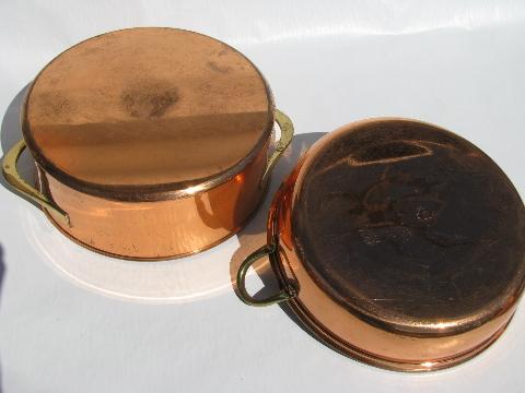 photo of lot old vintage solid copper / brass kitchen pots & pans, Dansk etc. #4