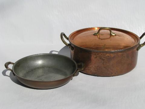 photo of lot old vintage solid copper / brass kitchen pots & pans, Dansk etc. #5