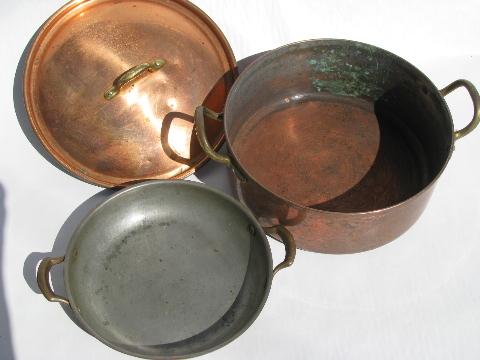 photo of lot old vintage solid copper / brass kitchen pots & pans, Dansk etc. #6