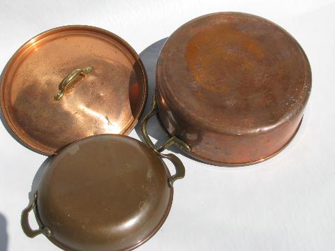 photo of lot old vintage solid copper / brass kitchen pots & pans, Dansk etc. #7