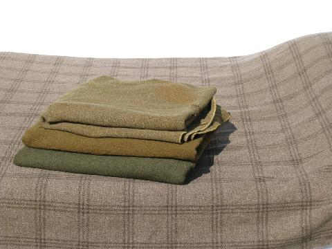 photo of lot old vintage wool army & camp blankets, drab green, tan plaid #1