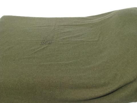 photo of lot old vintage wool army & camp blankets, drab green, tan plaid #5
