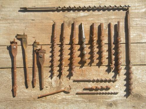 photo of lot old wood auger and adjustable bits for brace and hand drill Irwin/Greenlee+ #1