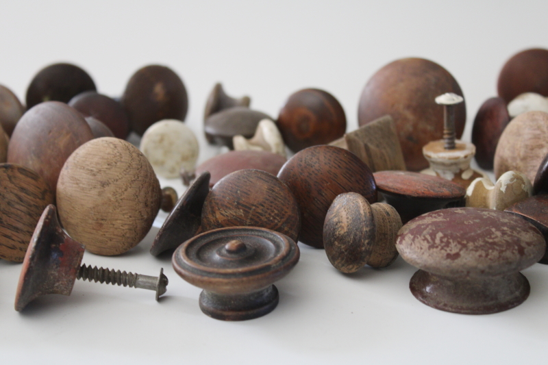 photo of lot old wood drawer knobs, rustic primitive vintage hardware, pulls or peg board coat hooks #6