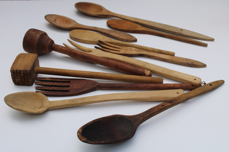 photo of lot old wood spoons, vintage wooden kitchen utensils, mallet hammer & masher pestle, hand carved spoon  #1