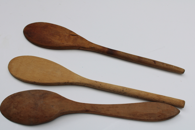 photo of lot old wood spoons, vintage wooden kitchen utensils, mallet hammer & masher pestle, hand carved spoon  #3