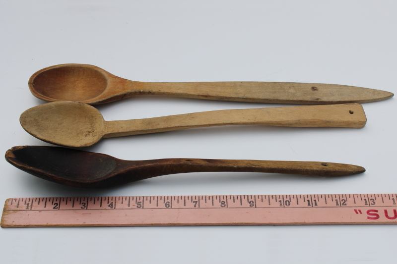 photo of lot old wood spoons, vintage wooden kitchen utensils, mallet hammer & masher pestle, hand carved spoon  #4