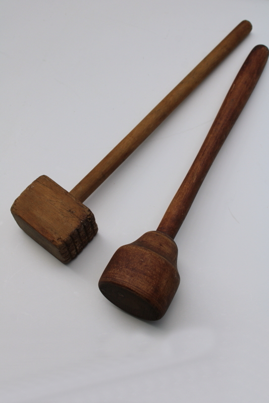 photo of lot old wood spoons, vintage wooden kitchen utensils, mallet hammer & masher pestle, hand carved spoon  #6