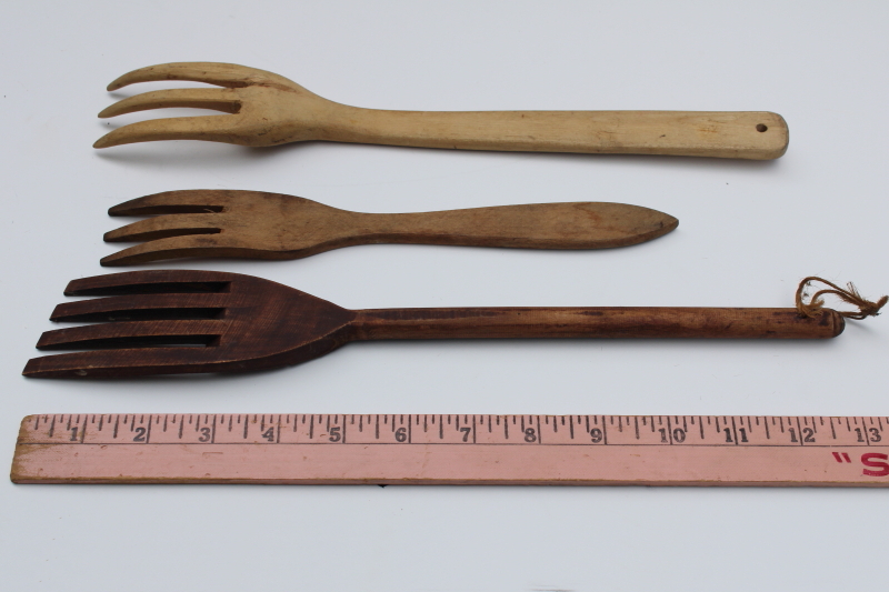 photo of lot old wood spoons, vintage wooden kitchen utensils, mallet hammer & masher pestle, hand carved spoon  #10