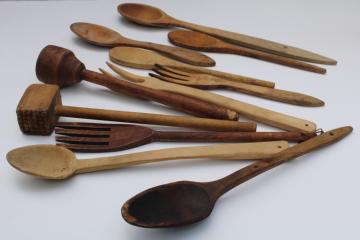 catalog photo of lot old wood spoons, vintage wooden kitchen utensils, mallet hammer & masher pestle, hand carved spoon 