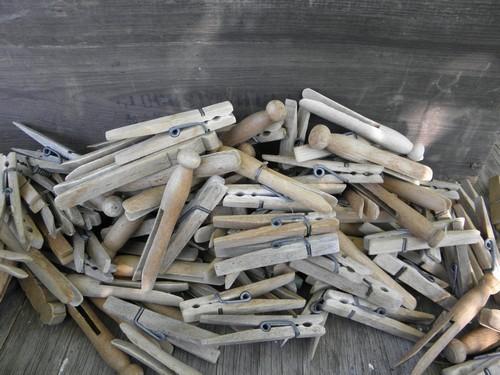 photo of lot old wooden clothes pins, 100+ vintage wood clothespins #1