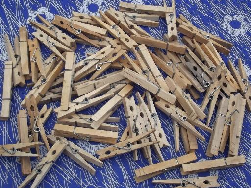 photo of lot old wooden clothespins, 50+ vintage wood clothespins #1