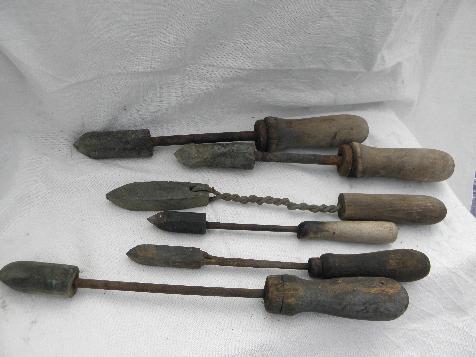 photo of lot primitive old farm work shop tools, antique soldering irons w/ wood handles #1