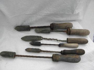 catalog photo of lot primitive old farm work shop tools, antique soldering irons w/ wood handles