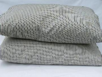 catalog photo of lot primitive old feather pillows, vintage blue stripe ticking