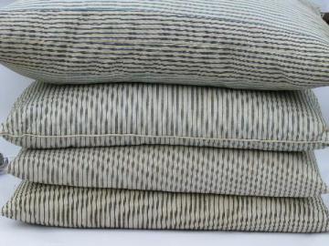 catalog photo of lot primitive old feather pillows, vintage blue stripe ticking