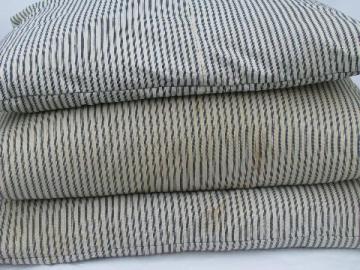 catalog photo of lot primitive old feather pillows, vintage blue stripe ticking