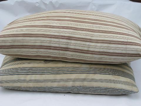 photo of lot primitive old feather pillows, vintage brown and blue stripe ticking #1