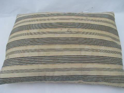 photo of lot primitive old feather pillows, vintage brown and blue stripe ticking #4