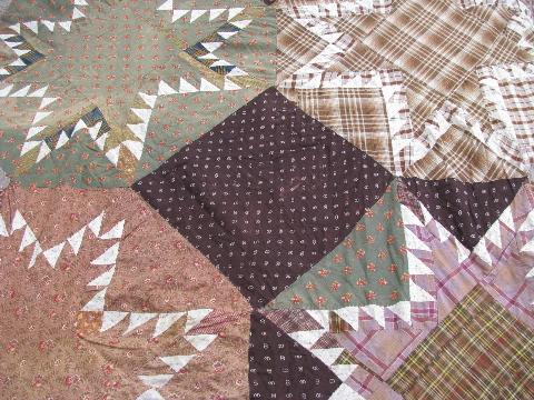 photo of lot primitive old patchwork quilts, vintage cotton print fabrics, 1940s-50s #4