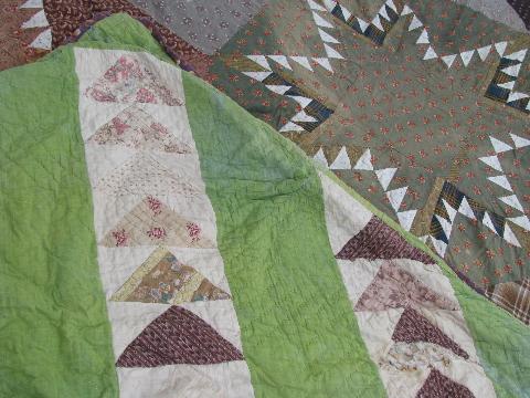 photo of lot primitive old patchwork quilts, vintage cotton print fabrics, 1940s-50s #5