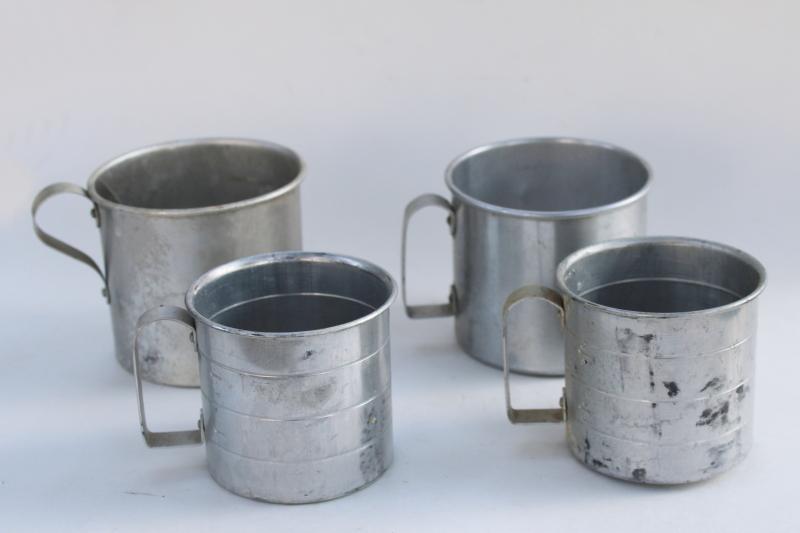 photo of lot primitive vintage metal cup kitchen measuring cups, little tin mugs #1