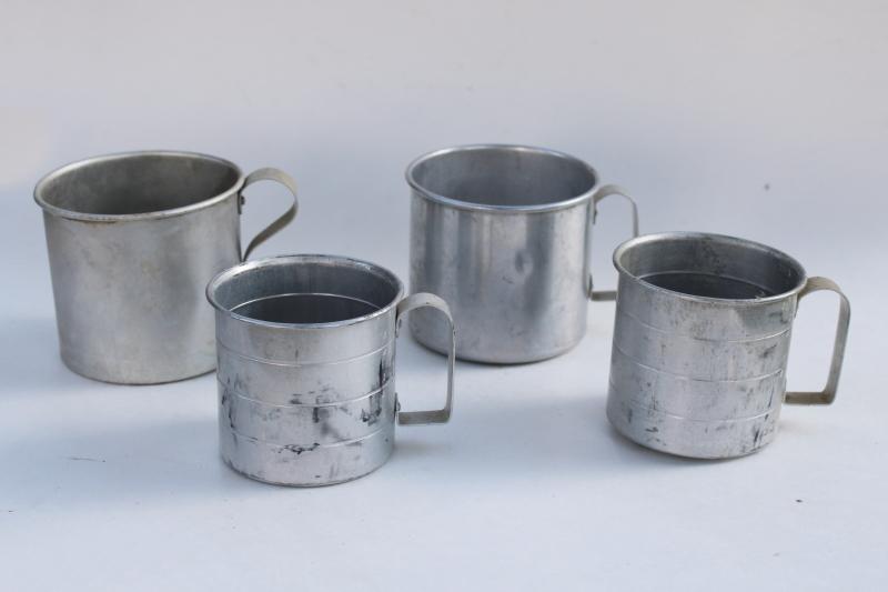 photo of lot primitive vintage metal cup kitchen measuring cups, little tin mugs #2