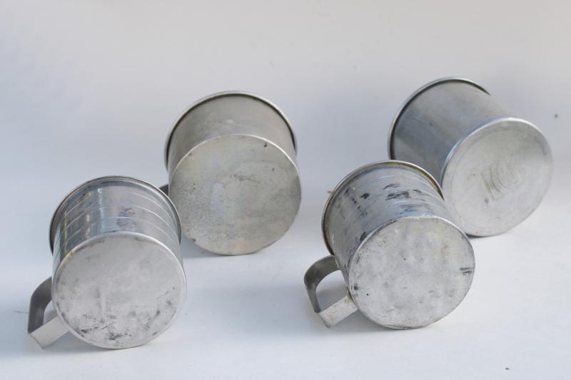 photo of lot primitive vintage metal cup kitchen measuring cups, little tin mugs #4
