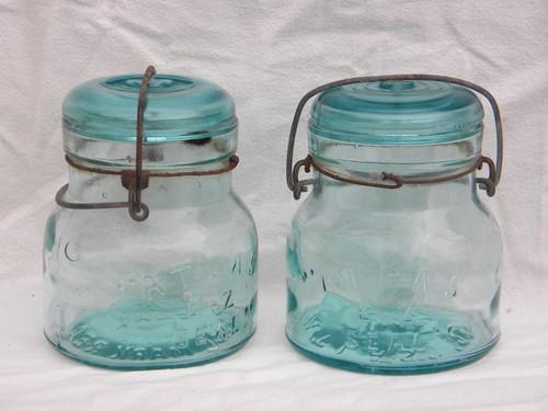 photo of lot rare early antique Atlas fruit jars wrinkled blue glass w/ bubbles #1