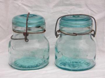 catalog photo of lot rare early antique Atlas fruit jars wrinkled blue glass w/ bubbles