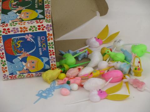 photo of lot retro cupcake toppers / plastic picks, vintage Easter Unlimited box #1