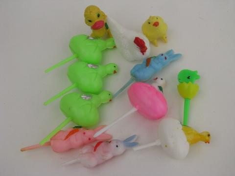 photo of lot retro cupcake toppers / plastic picks, vintage Easter Unlimited box #4