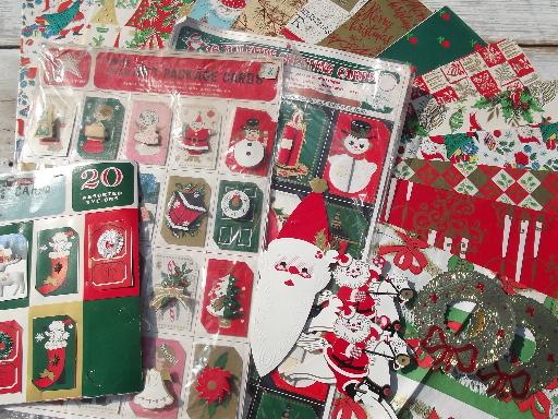 photo of lot retro vintage Christmas gift wrap, 50s 60s 70s wrapping paper, tags #1