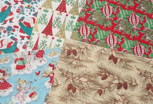 photo of lot retro vintage Christmas gift wrap, 50s 60s 70s wrapping paper, tags #2