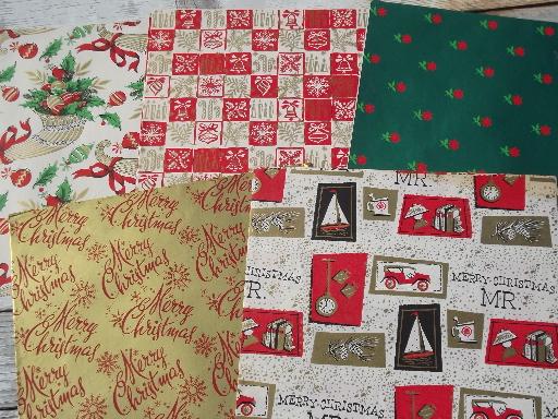 photo of lot retro vintage Christmas gift wrap, 50s 60s 70s wrapping paper, tags #3