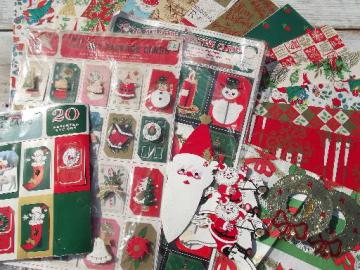 catalog photo of lot retro vintage Christmas gift wrap, 50s 60s 70s wrapping paper, tags