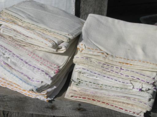 photo of lot running stitch embroidered cotton feedsack towels, vintage feed sack fabric #1