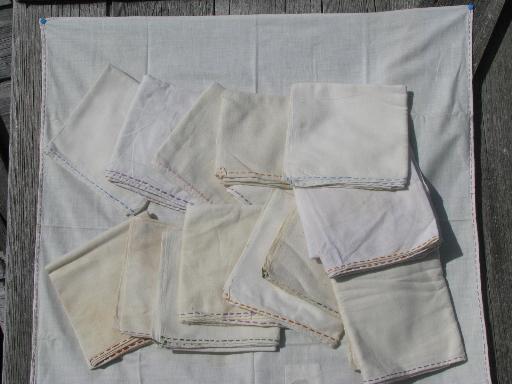 photo of lot running stitch embroidered cotton feedsack towels, vintage feed sack fabric #2