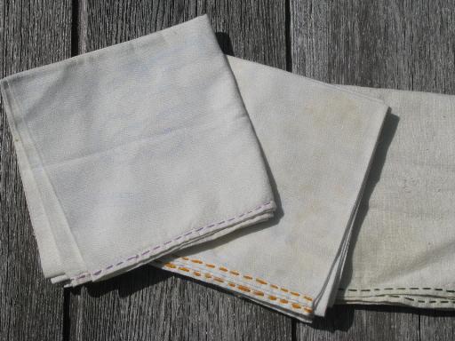 photo of lot running stitch embroidered cotton feedsack towels, vintage feed sack fabric #5