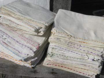 catalog photo of lot running stitch embroidered cotton feedsack towels, vintage feed sack fabric