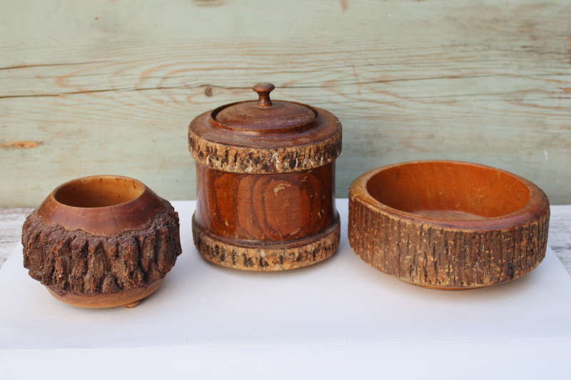photo of lot rustic old handmade stick ware wood bark log bowl, vase, jar, vintage autumn fall decor  #1