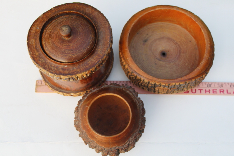 photo of lot rustic old handmade stick ware wood bark log bowl, vase, jar, vintage autumn fall decor #2