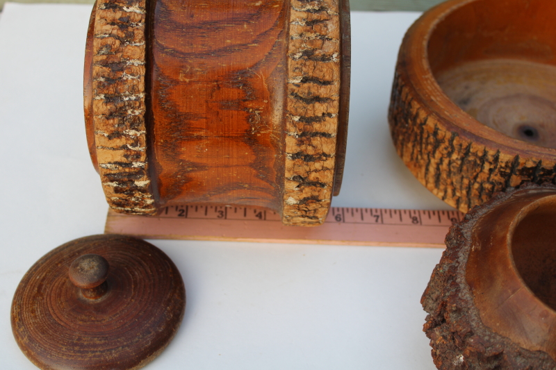 photo of lot rustic old handmade stick ware wood bark log bowl, vase, jar, vintage autumn fall decor #3