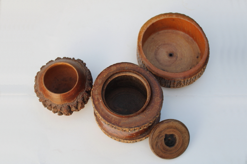 photo of lot rustic old handmade stick ware wood bark log bowl, vase, jar, vintage autumn fall decor #5