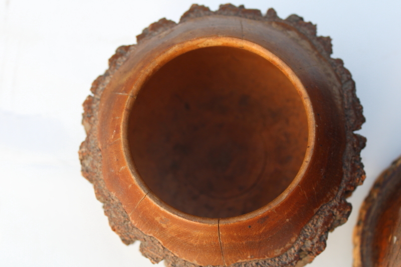 photo of lot rustic old handmade stick ware wood bark log bowl, vase, jar, vintage autumn fall decor #7